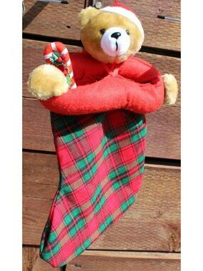 Christmas Teddy Bear Plush Wearing Santa Hat Candy Cane Holiday Classics VTG #D6